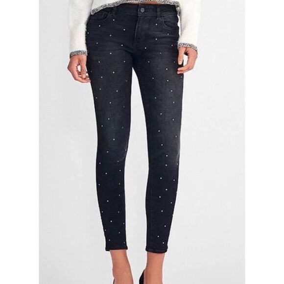 DL1961 Kershaw Emma Low Rise‎ Skinny Ankle Jeans Rhinestones Bling Black Size 23 - Picture 1 of 14